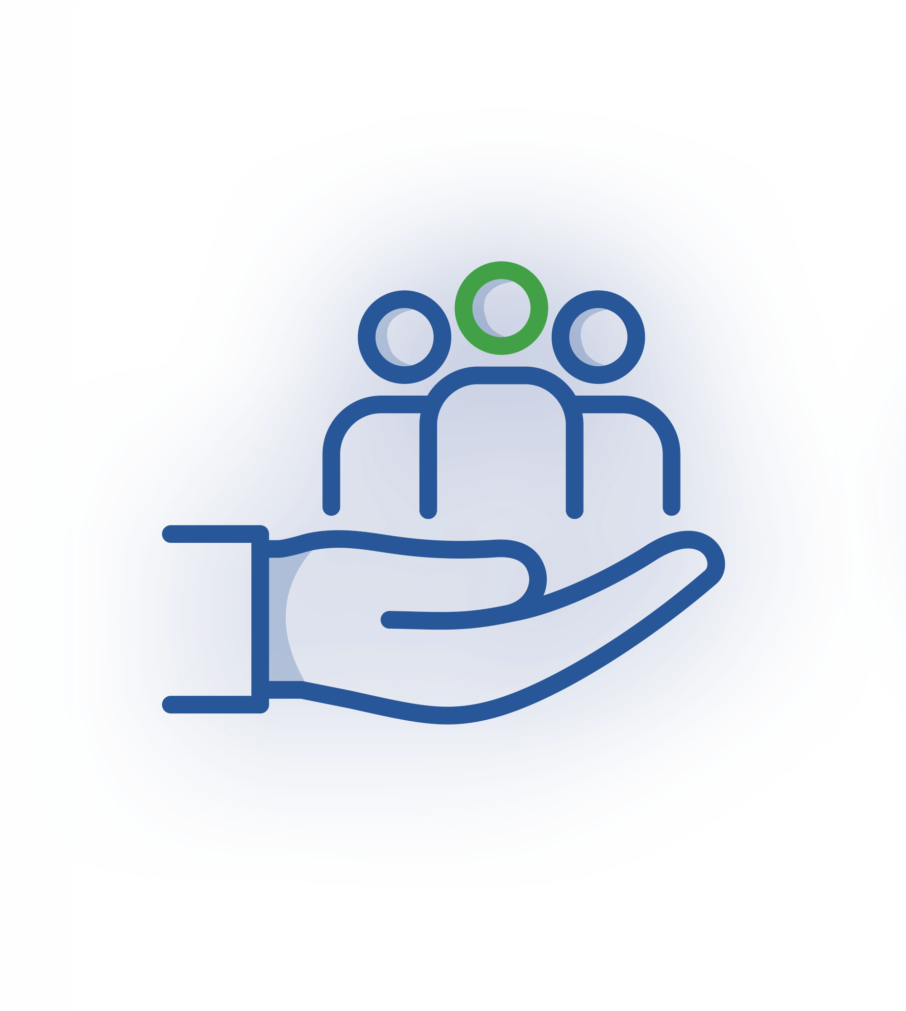 A blue line icon of a hand cradling three stylized figures, with the center figure highlighted in green.