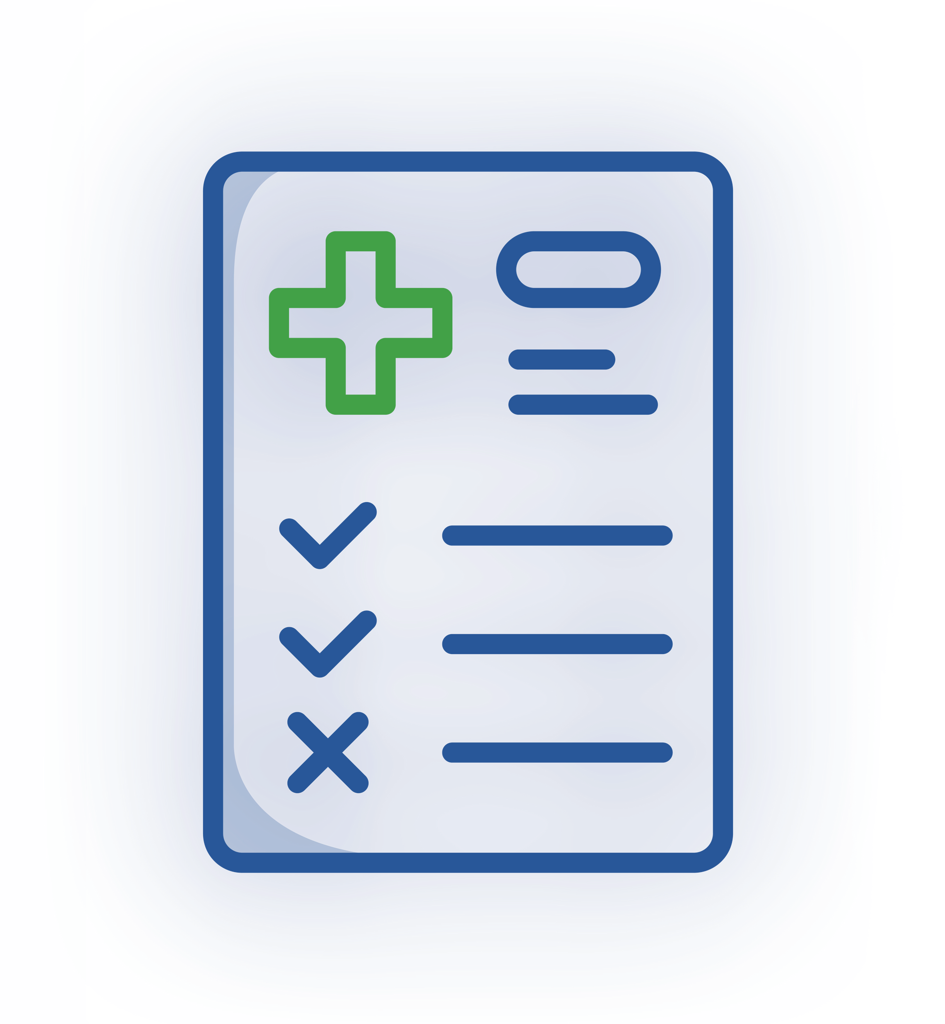 A blue medical chart icon featuring a green cross, two checkmarks, and one 'x' mark next to horizontal lines.