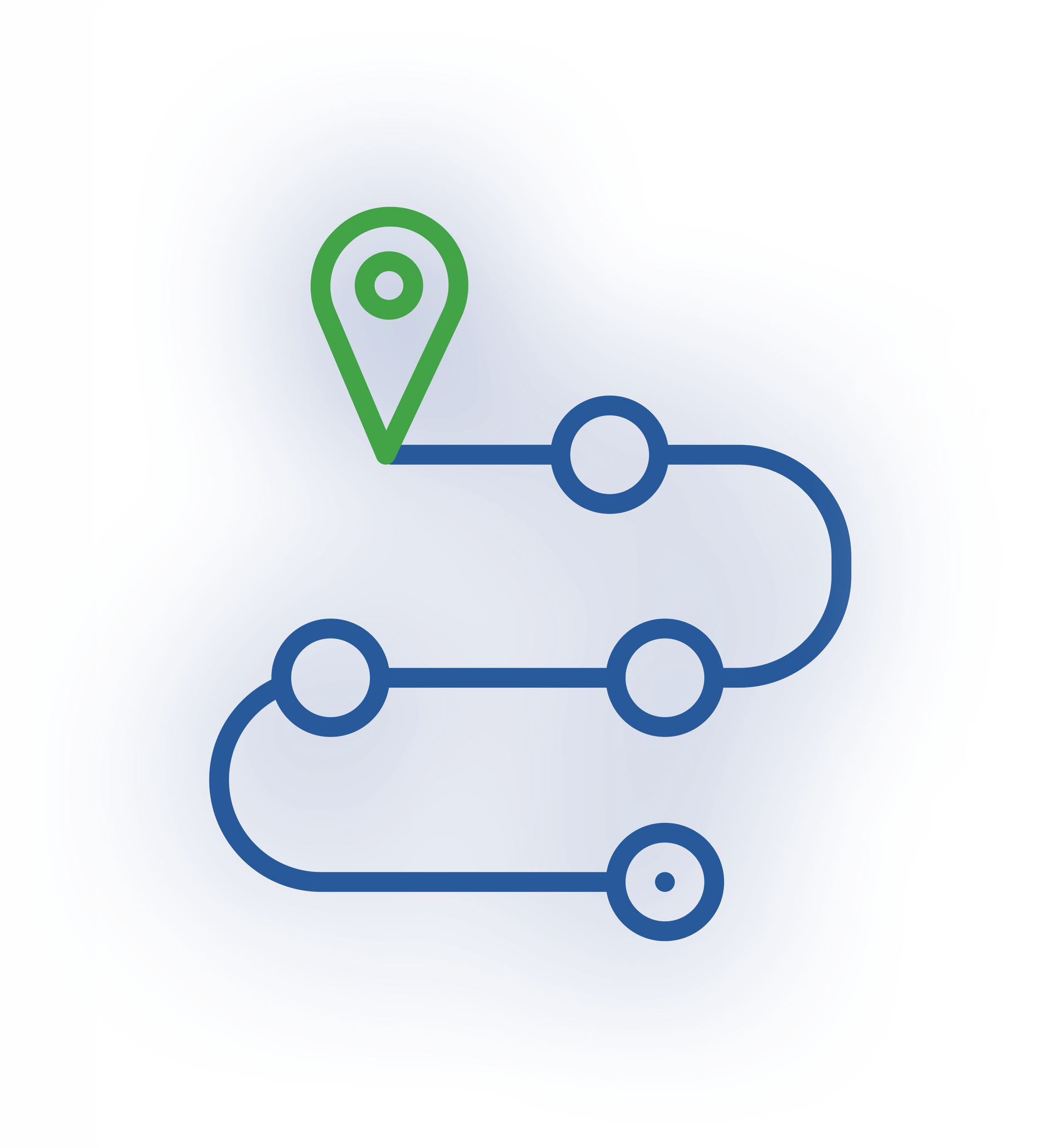 A blue winding path icon with four stops and a green location pin at the starting point.
