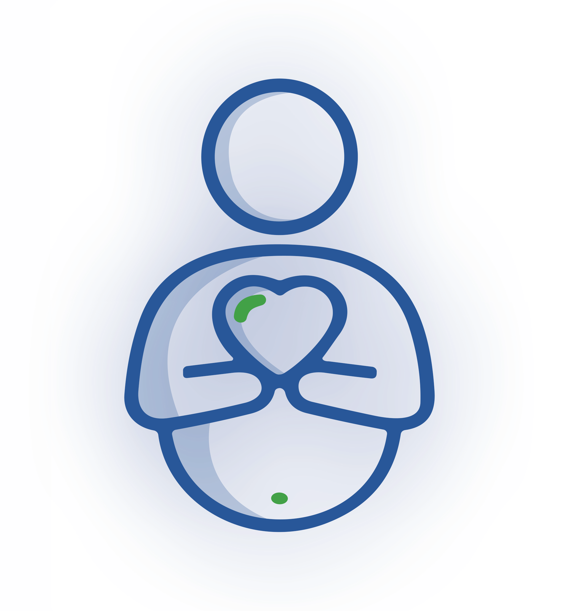 A stylized, blue-outlined icon of a person holding a heart at their chest, featuring small green accents.