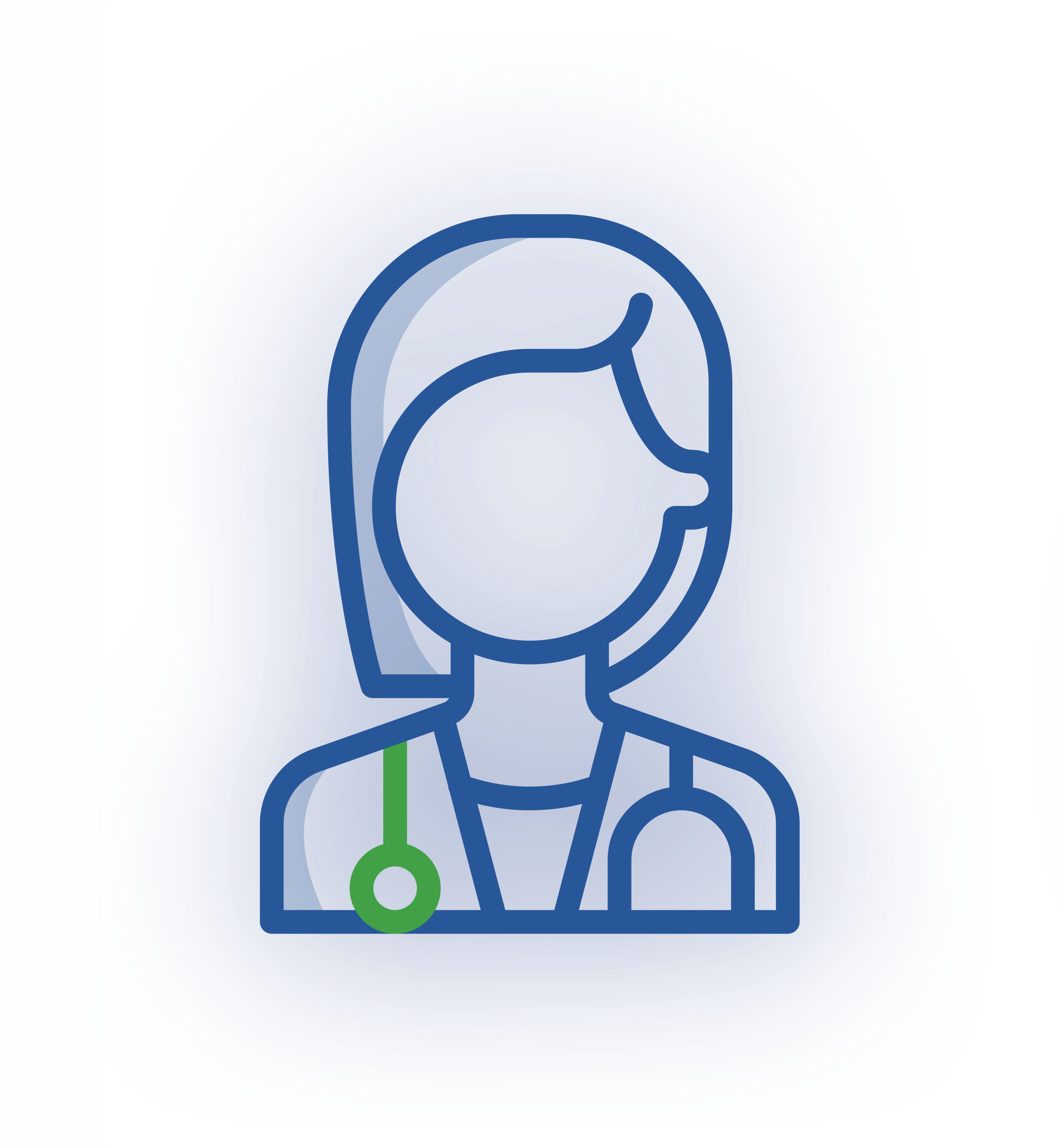 A blue outlined icon of a healthcare professional wearing a stethoscope with a green chest piece.