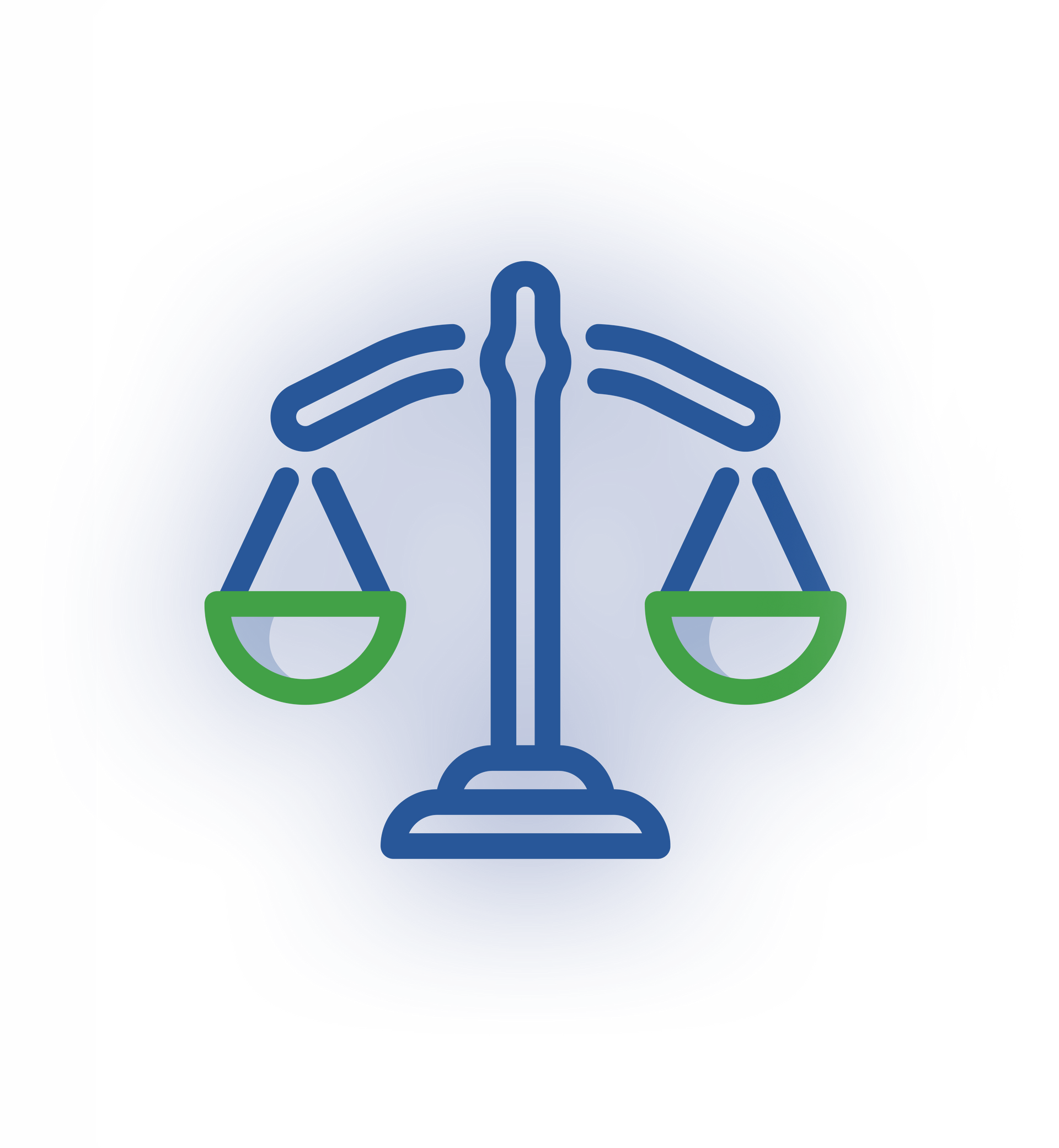 A blue-outlined icon of a balanced scale with green pans centered against a light purple background.