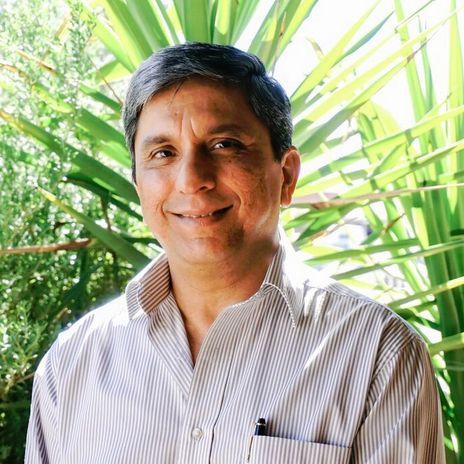 A smiling person in a light-colored, thin-striped button-down shirt stands in front of green, leafy plants.