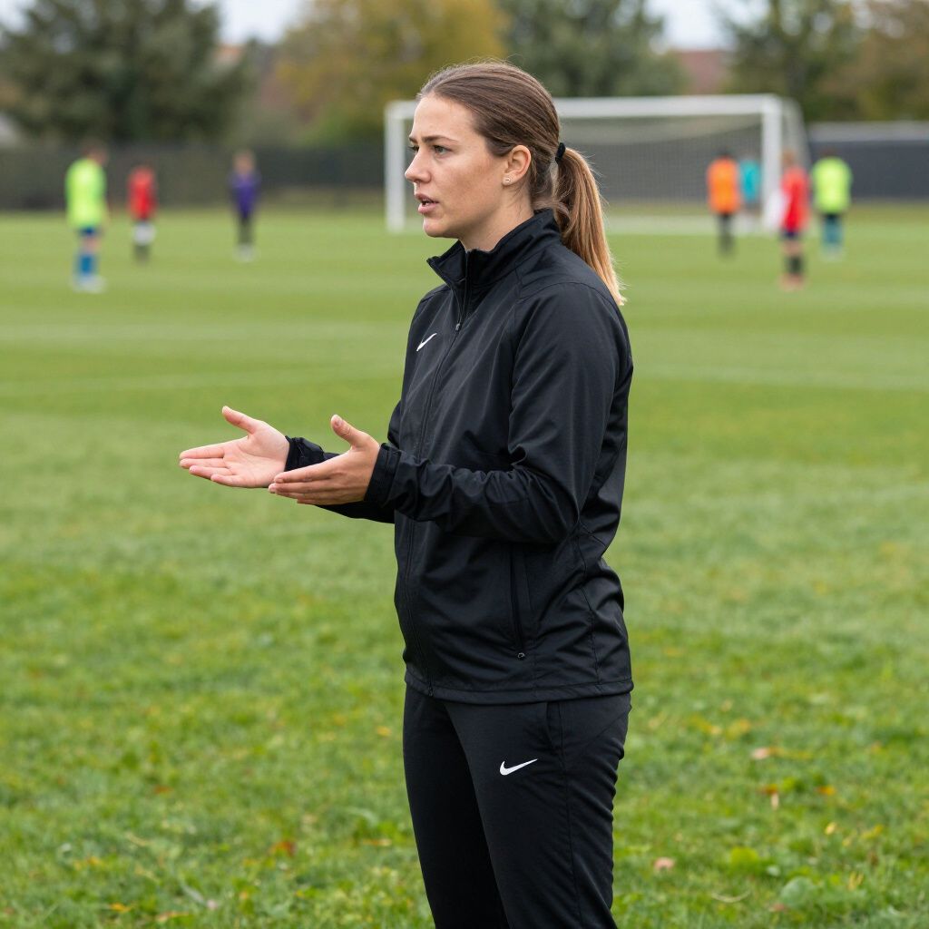 Woman coaching soccer team on field, wearing black Nike tracksuit, gesturing with hands.