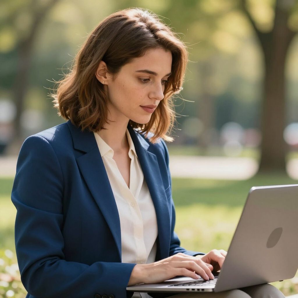 Woman in blue blazer sits outside, using a laptop, in a park setting.