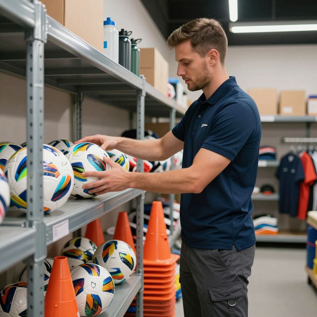 Man in blue shirt arranging soccer balls on a store shelf, surrounded by sporting goods.