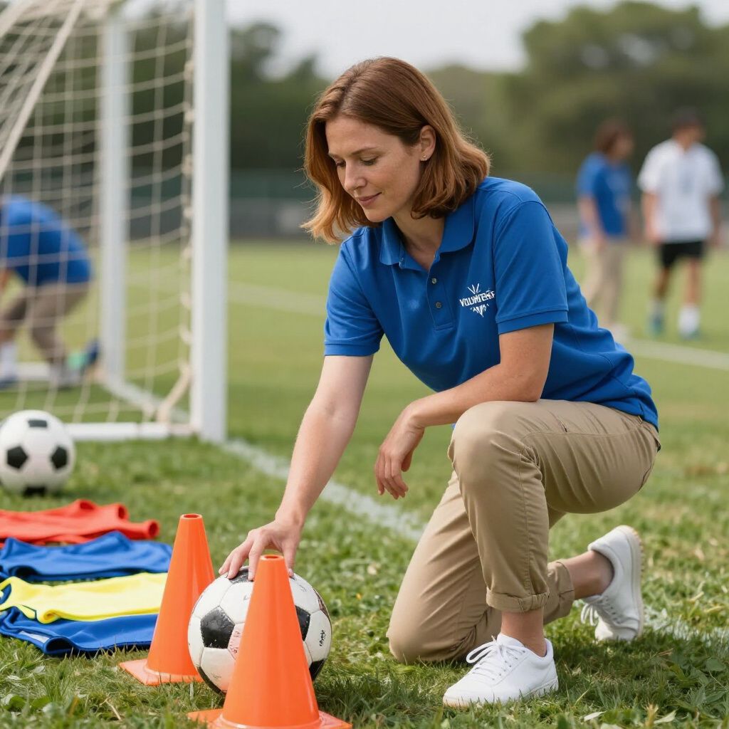 Woman on soccer field arranges equipment; cones, ball. She kneels near goal, players in background.