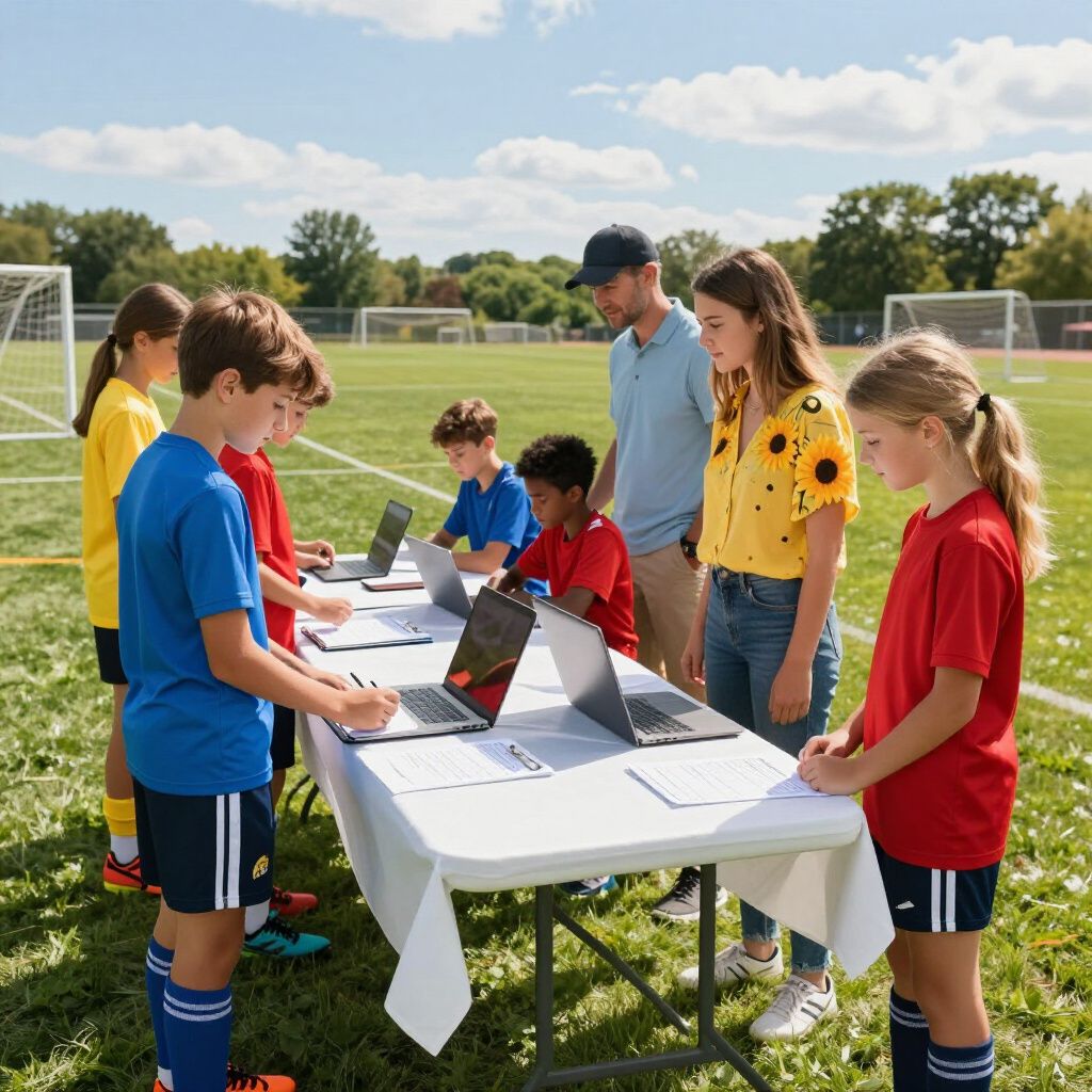 Children and adults at a soccer registration table on a field. Some children sign forms; others watch. A man assists.