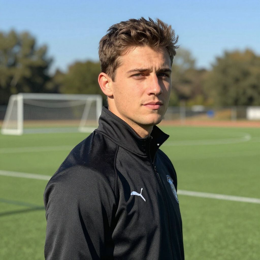 Man in black jacket stands on soccer field, looking at the camera.