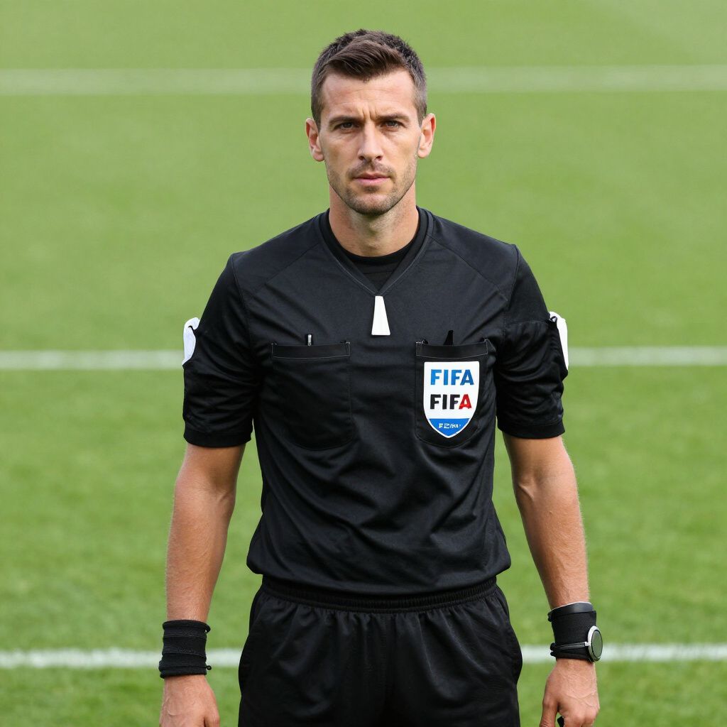 Soccer referee in black uniform, standing on a green field.