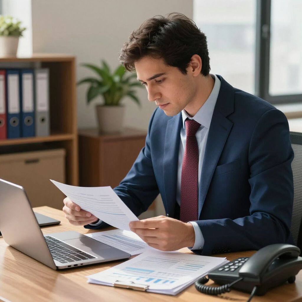 Man in suit at desk, reviewing documents near laptop and phone.