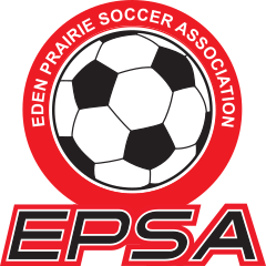 Eden Prairie Soccer Association logo: soccer ball in red circle, black and white soccer ball, 
