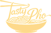 Golden &ldquo;Tasty Pho&rdquo; logo with a steaming noodle bowl and chopsticks