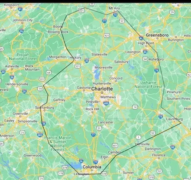 A map of north carolina with a circle around charlotte. A map of north carolina with a circle around charlotte.