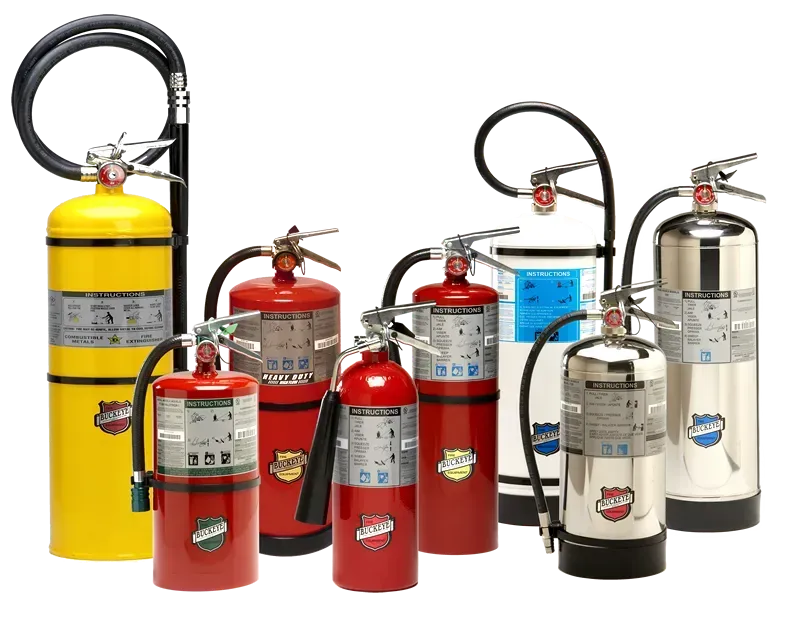 A group of fire extinguishers are lined up in a row on a white background. A group of fire extinguishers are lined up in a row on a white background.