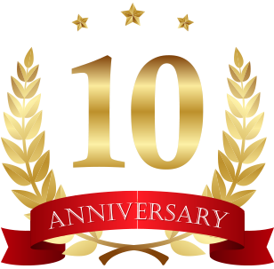 Gold “10 Anniversary” emblem with laurel wreaths and red ribbon banner