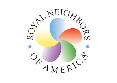 Logo for Royal Neighbors of America featuring a five-petal, multicolored flower design surrounded by text.