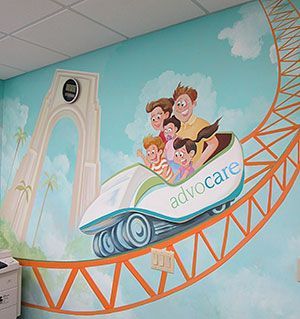 A mural of a roller coaster with a family riding it.