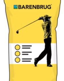 BARENBRUG logo with golfer swinging on a yellow brochure cover and bullet points