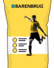 Barenbrug yellow sports poster with a soccer player posing beside a checklist icon