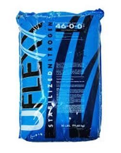 Blue bag of fertilizer with large black and white text reading “46-0-0” and “SULFATE OF AMMONIA.”