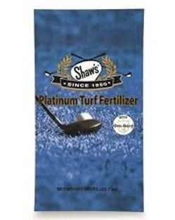 Blue bag of Shaw’s Platinum Turf Fertilizer with a fertilizer spreader graphic on the front.