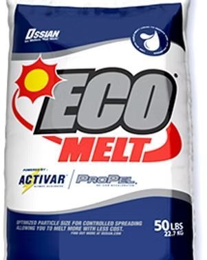 Blue and white bag of Eco Melt ice melt, 50 lbs, with red and yellow logo