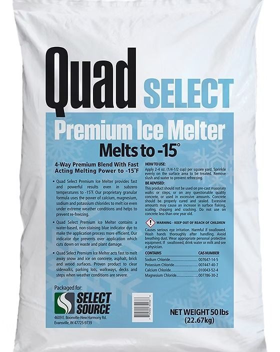 White bag of Quad Select Premium Ice Melter with blue text, labeled “Melts to -15”