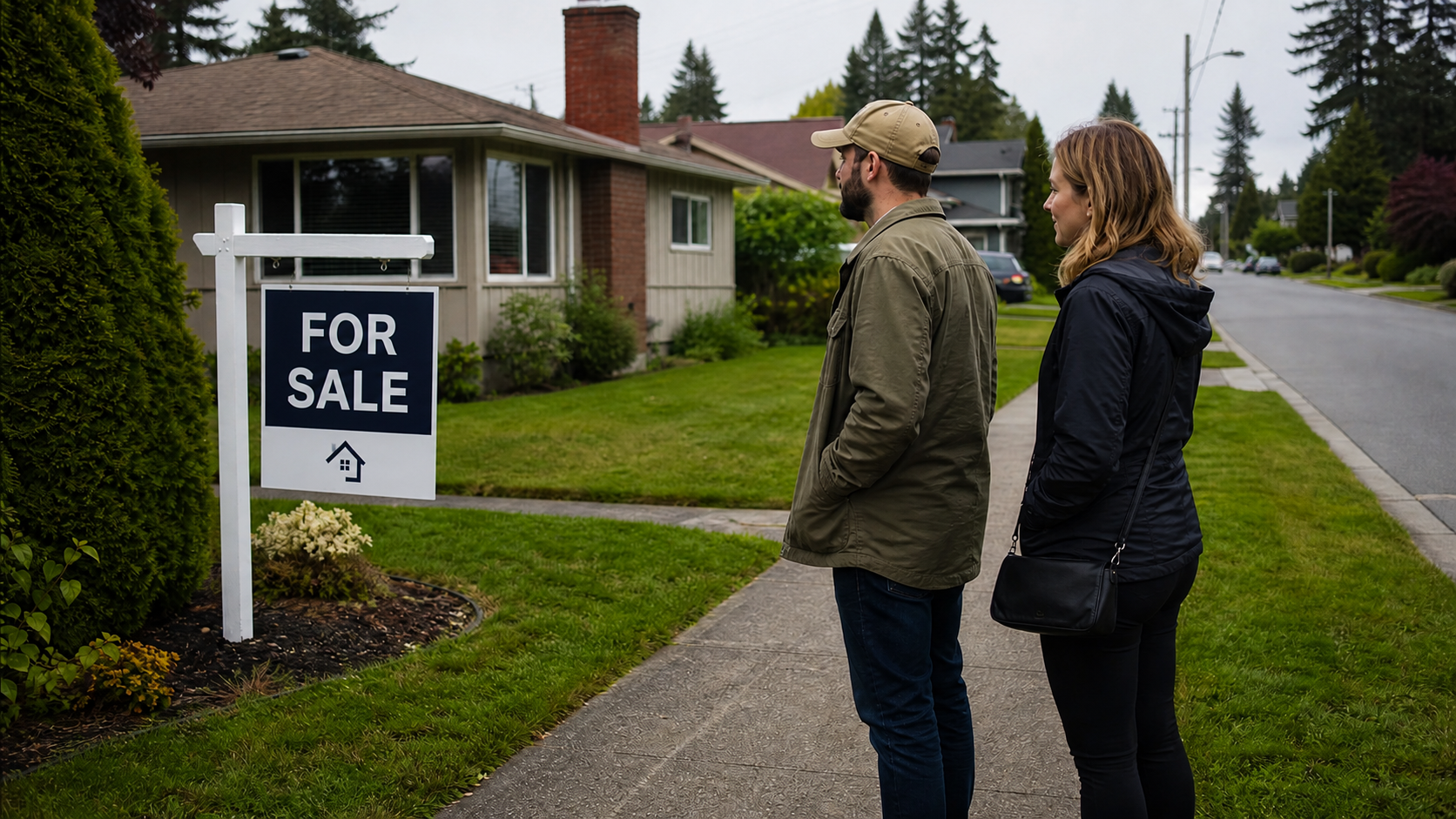 Two people stand on a sidewalk beside a house with a “For Sale” sign.