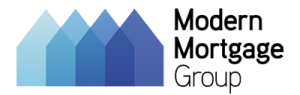 Modern Mortgage Group logo with blue geometric house shapes and black text