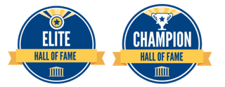 Two blue and gold badges reading “ELITE HALL OF FAME” and “CHAMPION HALL OF FAME”