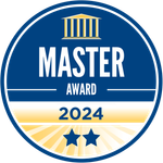 Blue and gold Master Award 2024 badge with two stars