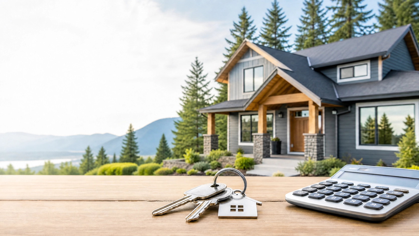 House keys and a calculator on a wooden table with a suburban home in the background