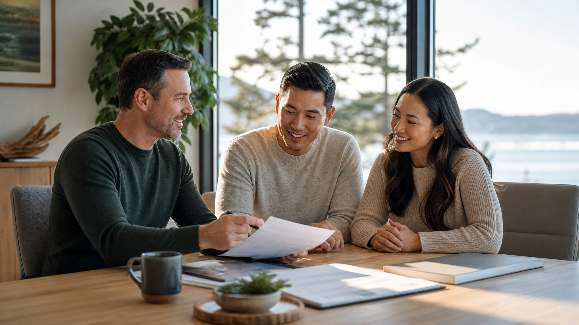 Three people smiling over papers at a table by a bright window, discussing work with coffee and a laptop.