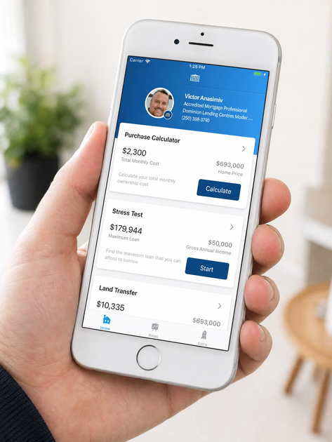 Hand holding a smartphone showing a blue-and-white mobile banking app screen