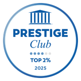 Blue-and-white circular badge reading “Prestige Club,” “Top 2%,” and “2025”