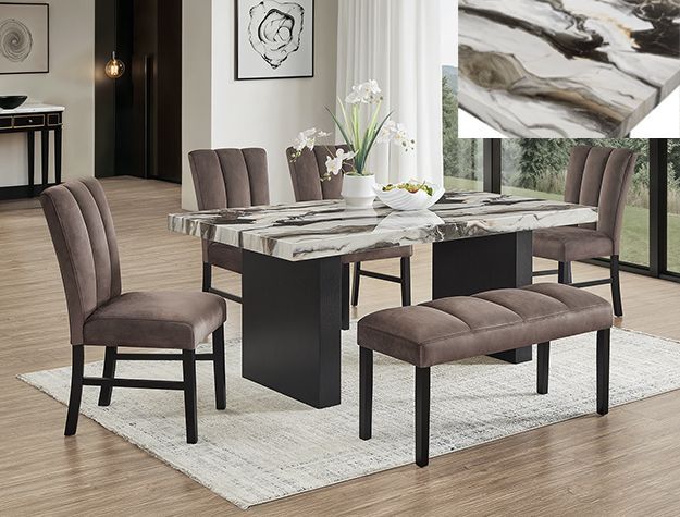 Modern dining room with marble-top table, taupe upholstered chairs, matching bench, and light wood flooring