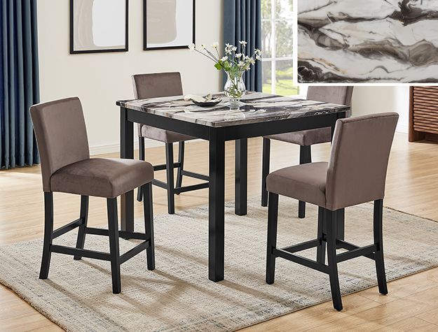 Dark wood dining table with four brown upholstered chairs in a bright modern room