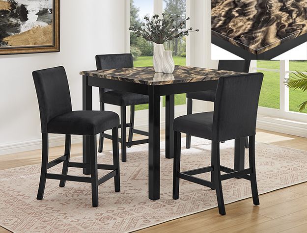 Black dining table with four black chairs in a bright room, set on a beige rug by a window.