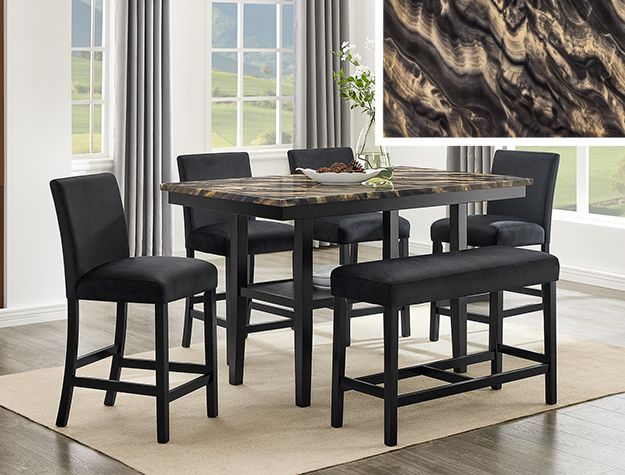 Black counter-height dining set with four chairs around a dark wood table in a bright room