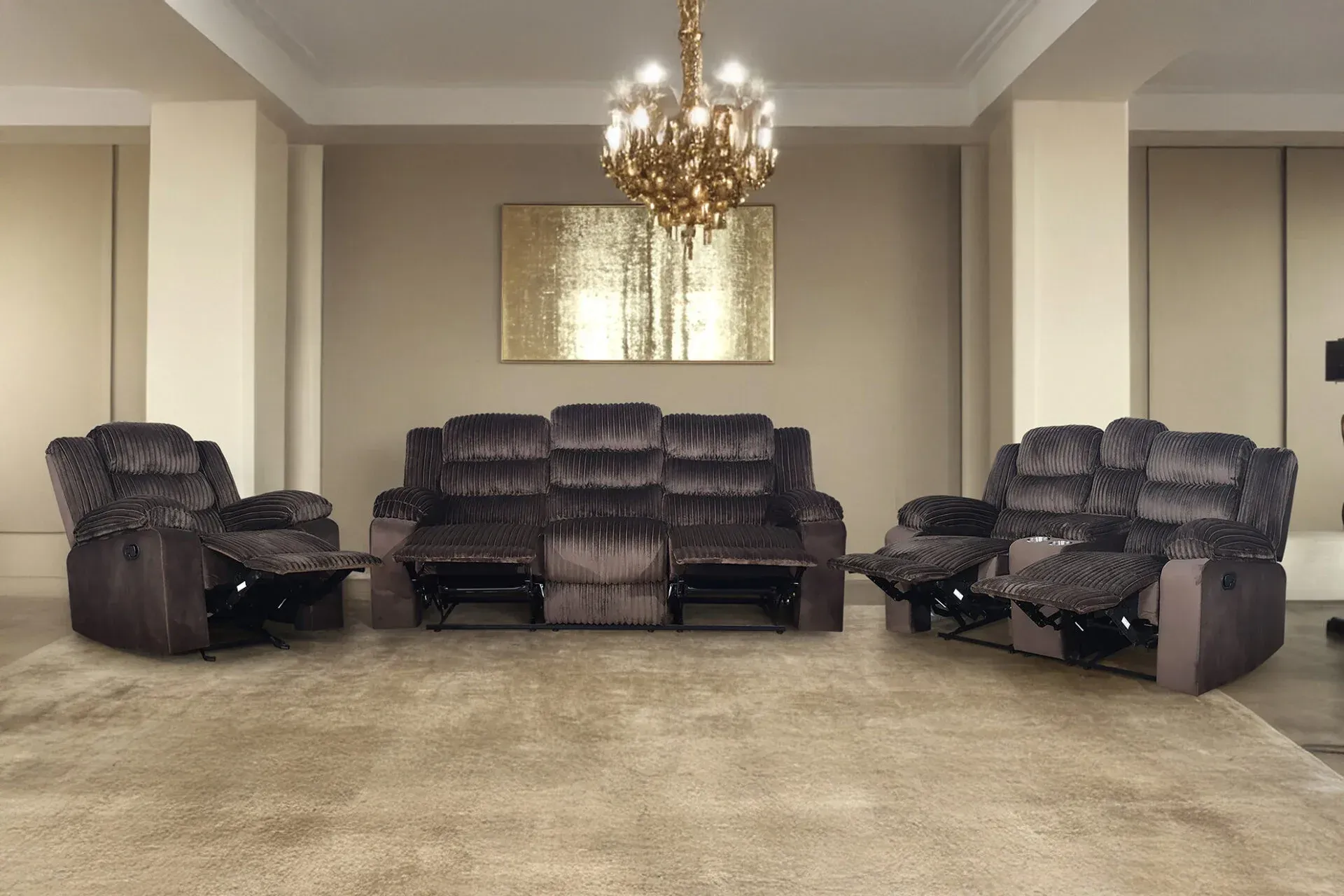 Spacious beige living room with dark brown leather recliners and sofas under a chandelier.