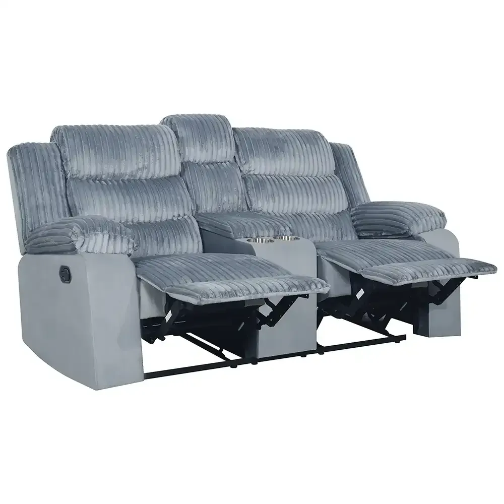 Gray reclining loveseat with dual footrests on a white background