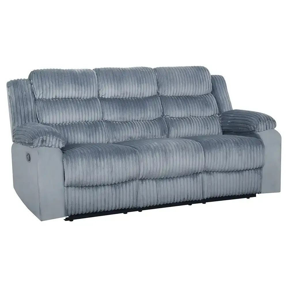 Gray corduroy loveseat with reclining back cushions and a right-side armrest, shown on a white background
