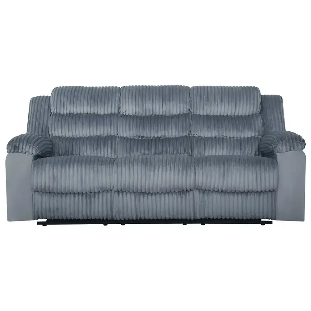 Gray ribbed sofa with silver armrests on a white background