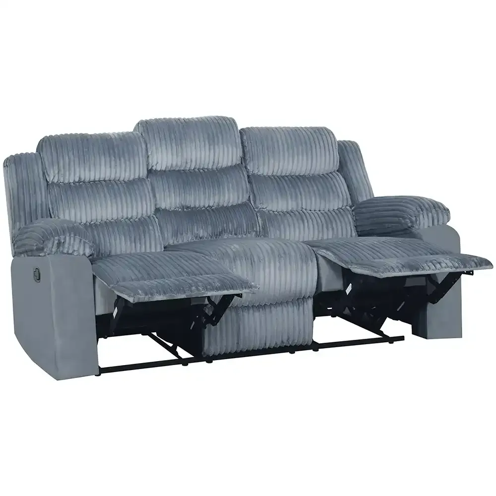 Gray reclining loveseat with center console, extended footrest, and visible metal frame