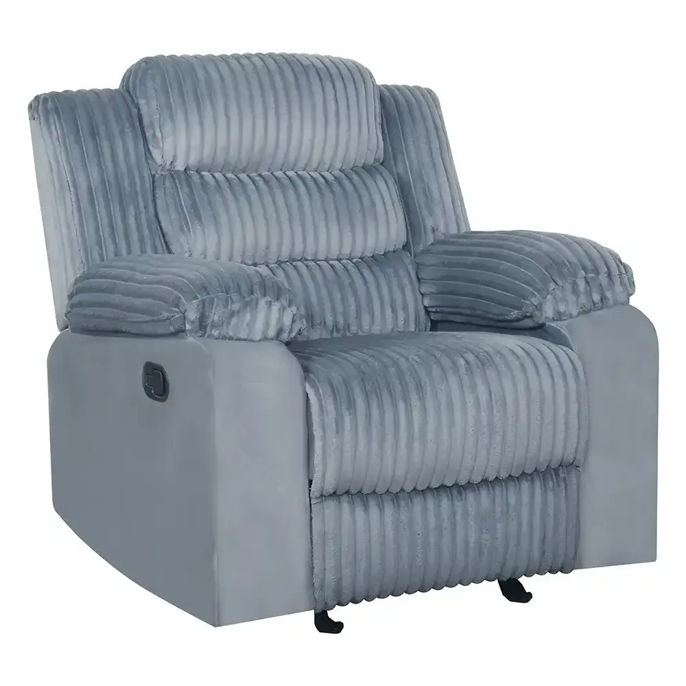 Gray striped recliner chair with padded armrests and footrest