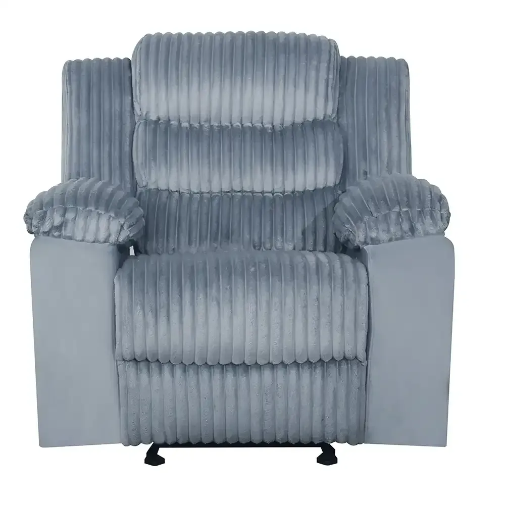 Gray striped recliner chair with padded armrests and footrest, front view