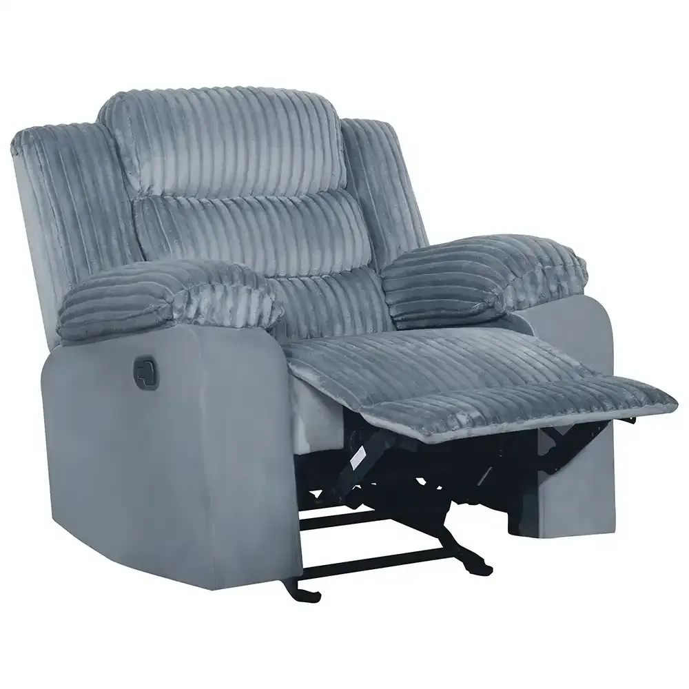 Gray upholstered reclining armchair with padded headrest, armrests, and extended footrest on a white background