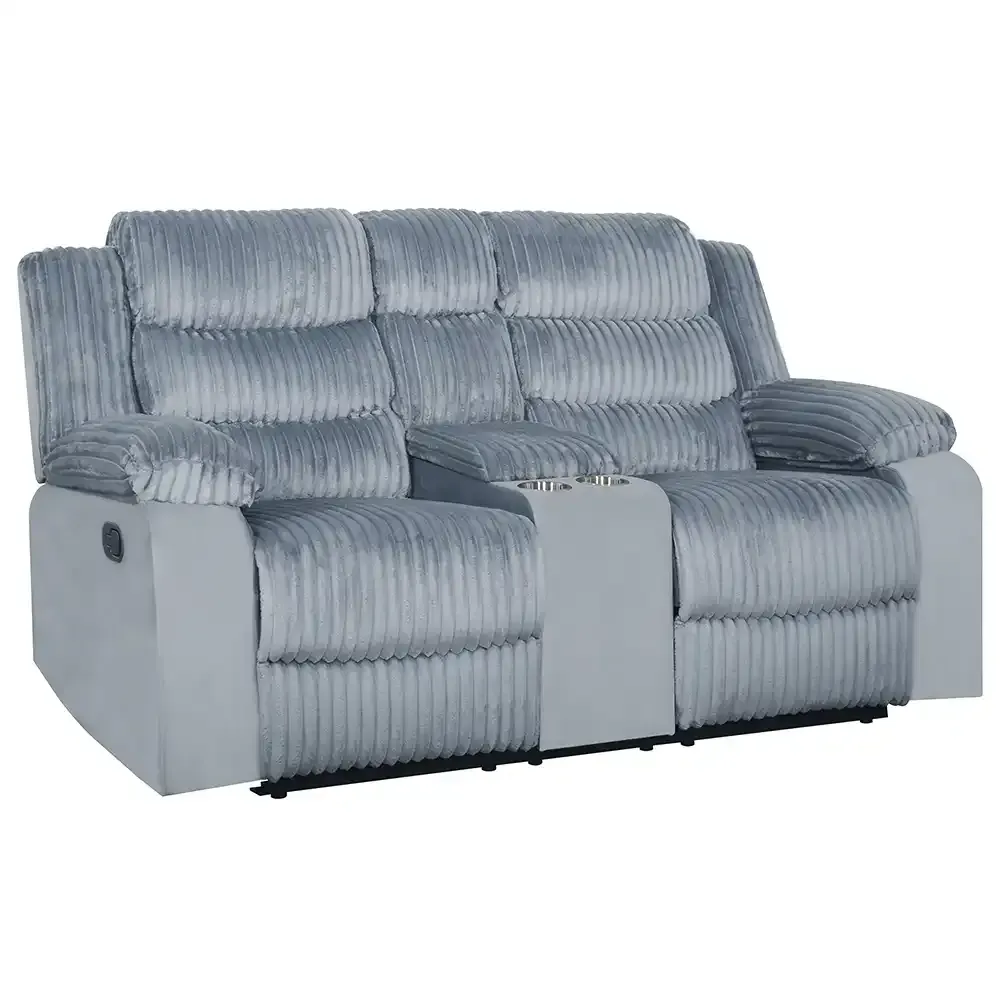 Gray corduroy reclining loveseat with center console and side pockets