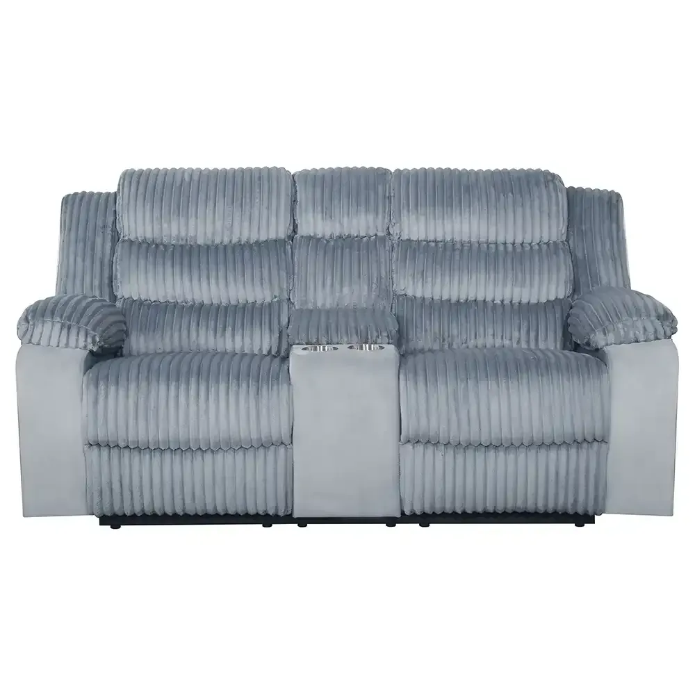Gray reclining loveseat with ribbed fabric and center armrest on a white background